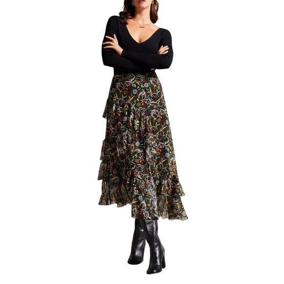 Ted Baker Rianah Tiered Ruffled Asymmetric Midi Skirt Floral Size 1 US 4 - Picture 1 of 11